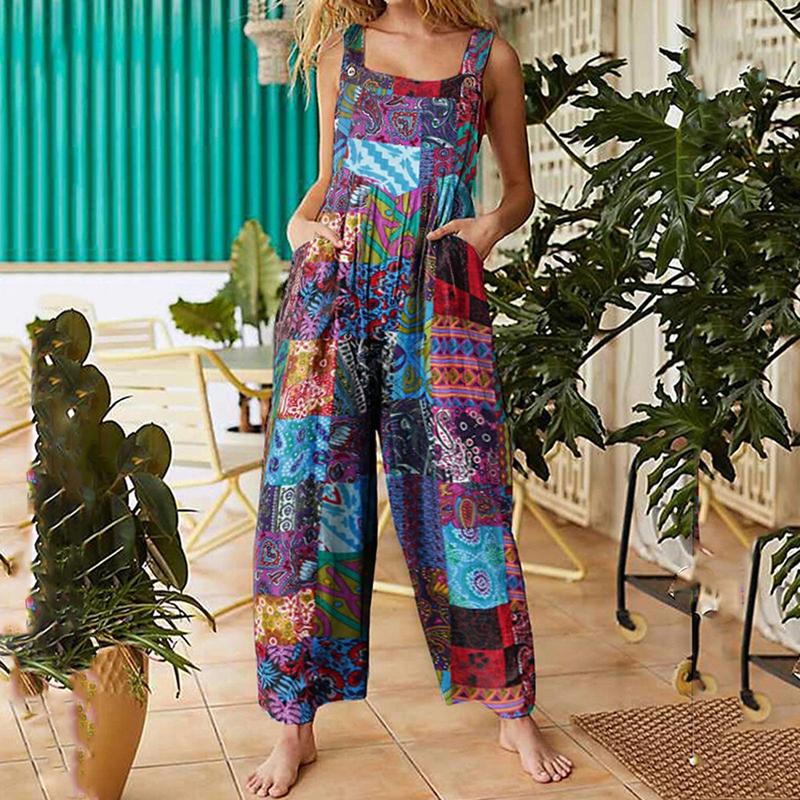 Product Introduction of Women Summer Overalls, Multicolor Ethnic Style Square Neck Sleeveless Casual Jumpsuit with Pockets for Girls, Red/Blue 51