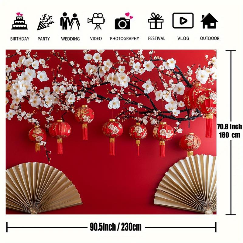 Nền chụp ảnh hoa đèn lồng đỏ, chất liệu Polyester, hoàn hảo cho các lễ kỷ niệm năm mới và đạo cụ chụp ảnh, có kích thước từ 39x59in đến 70,8x90,5in 4