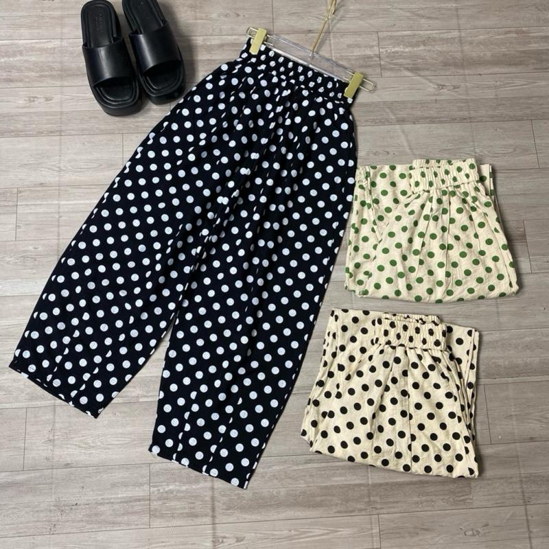 Quần ống rộng dáng Bom chất đũi tơ hoạ tiết chấm Bi mềm nhẹ mặc mát Nữ Women Pants
