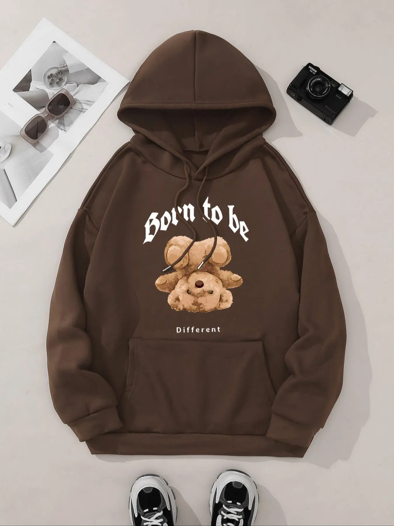 Women's Cartoon Bear & Letter Print Drop Shoulder Hoodie, Cute Fashion Casual Drawstring Pocket Hooded Sweatshirt for Daily Holiday Outdoor Wear, Ladies Clothes for Spring & Fall