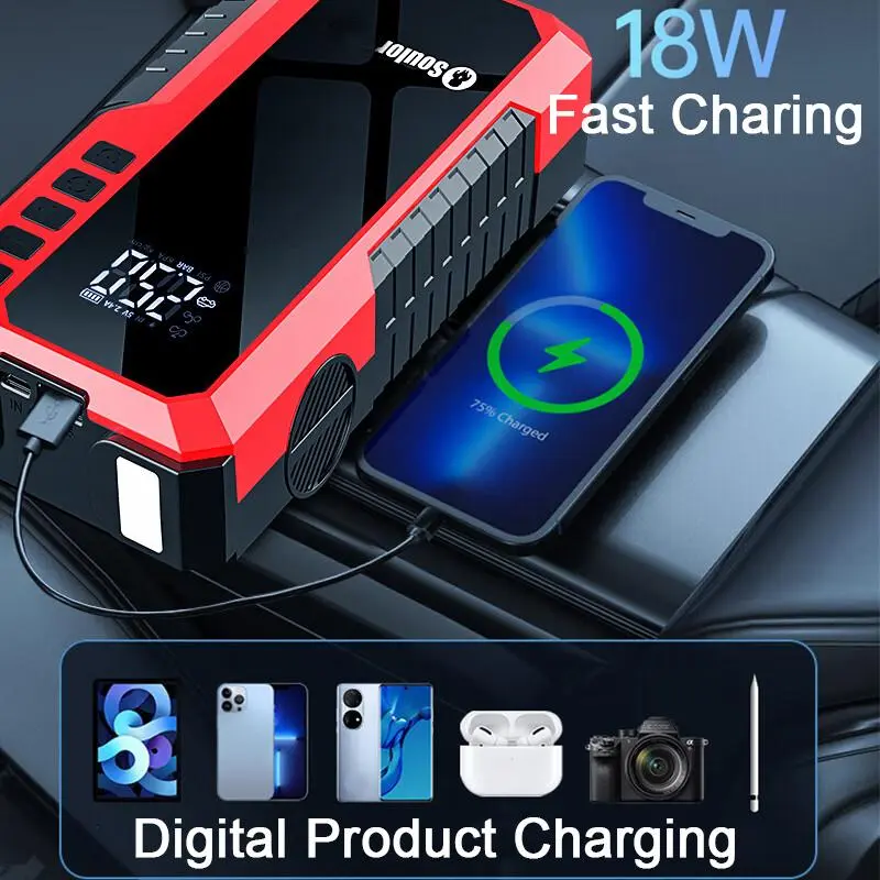 Car Jump Starter with Air Compressor, 2500A Peak Car Battery Booster, 100W Tire Inflator, Portable Power Supply for Gasoline/Diesel Vehicle, Automotive Jump Starter Pack, Car Essentials 5