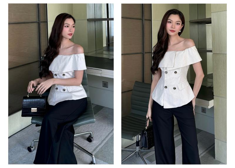 Product Introduction of Áo Peplum Trễ Vai Dự Tiệc Phối Hai Túi Nắp BBSTORE'S - A2402 Nữ Women 5