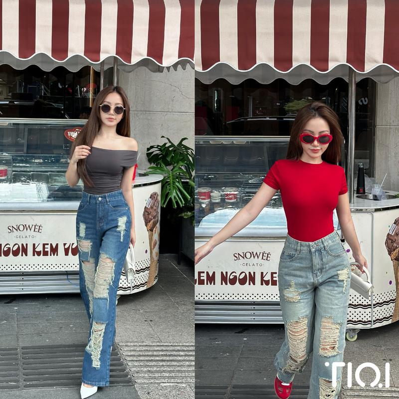 [ TiQi Jeans ] Quần jeans nữ lưng cao ống rộng rách ống cá tính B2-406 quần  jeans Ong Women