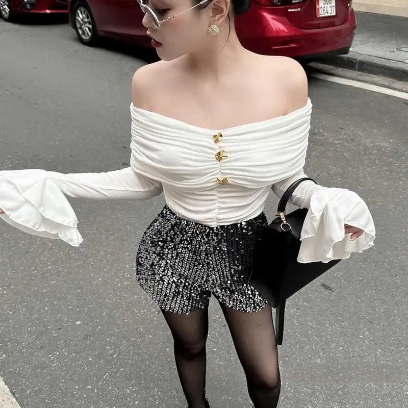 Sét nữ sang chảnh - Sét áo trễ vai cúc vàng quần kim sa bling full màu 1451 CN Women 0
