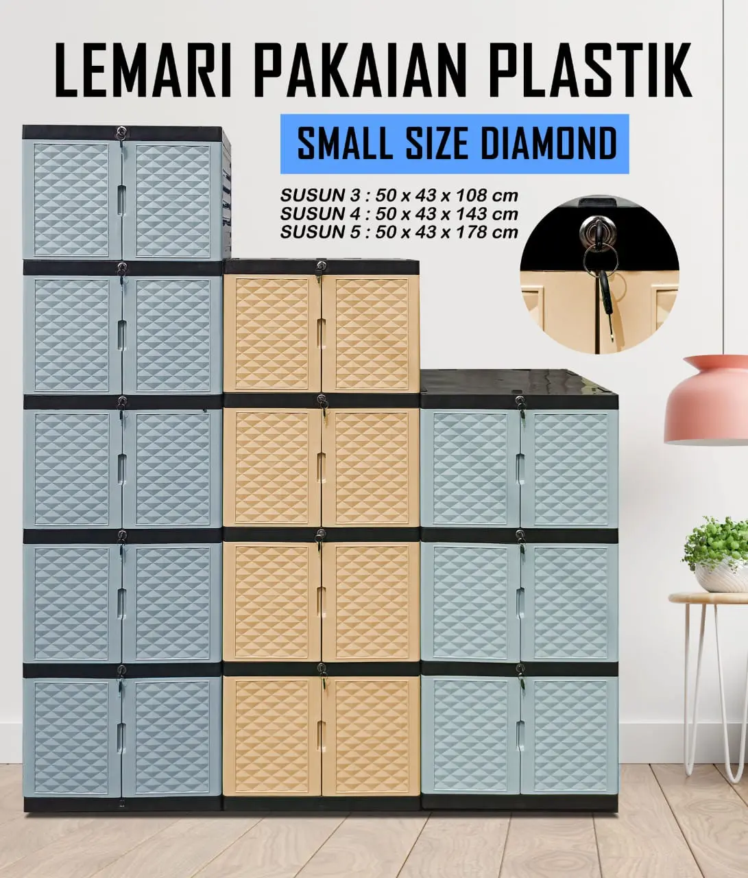 TABITHA Lemari Pakaian Plastik Rotan KACA KUNCI MURAH