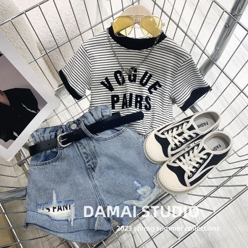 Trang Phục Mùa Hè Cho Bé Gái, Áo Phông Thời Trang Có Thêu Chữ, Quần Short Denim Rách Họa Tiết Sọc, Bộ Đồ Hai Mảnh Sành Điệu, Hợp Xu hướng 4