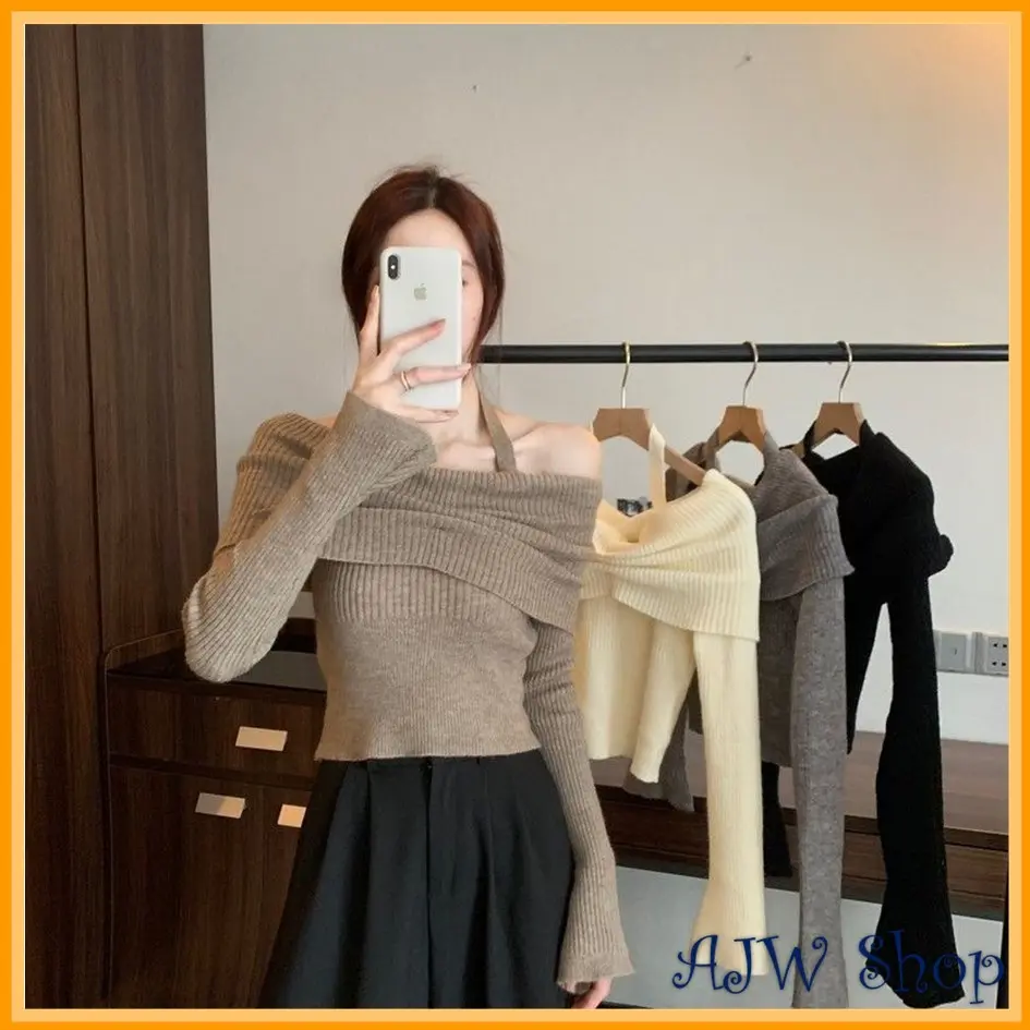 Atasan Wanita Sabrina Cutt Off Tali Leher Knit Premium XEG | Baju Wanita Rib Sabrina Cutt Off Tali Leher Rajut Premium | Atasan Wanita Kekinian Sabrina Cutt Off Tali Leher