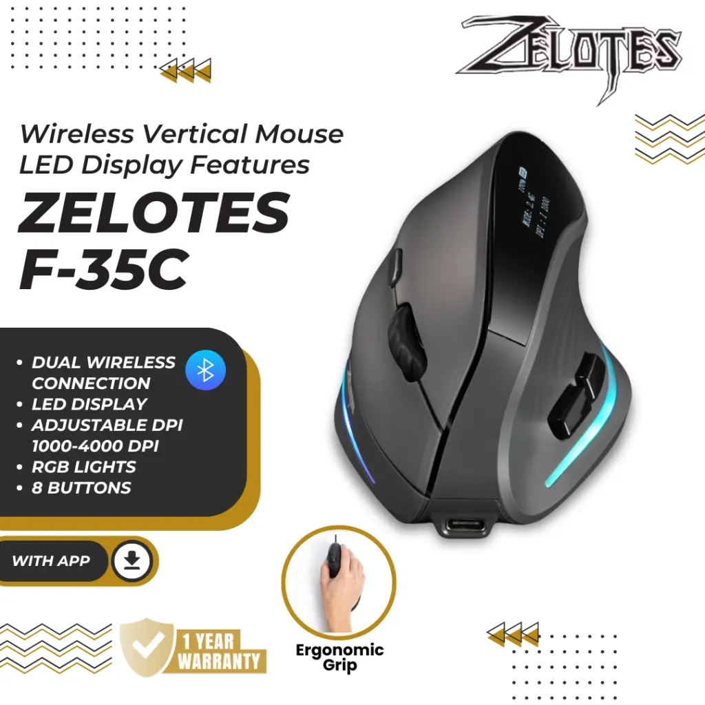 Zelotes F35C Silent Click Bluetooth Wireless 2.4G RGB Programmable Vertical Macro Mouse With Oled Display