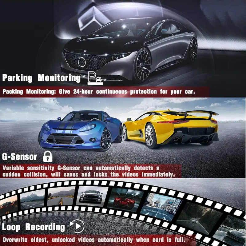 2025-New  Dash Cam Front and Rear Inside 3 Channel Dashcam for Cars 1080P with 64GB Card Adjustable Lens 3 Ways Triple Camera with Night Vision, G-sensor, Loop Recording, Parking Monitor 3