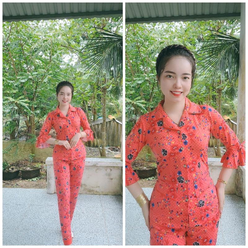 pizama thun aty tơ dày dặn mềm mại bâu viền màu tay loe quần dài ống nhỏ Áo có túi size 40-70kg pijama lụa - Voi, Tim đồ bộ pijama thun