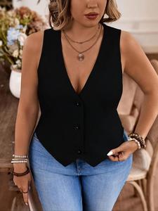 【 Talla grande 】 Chaleco con cuello en V de color sólido, ropa exterior informal sin mangas para uso diario, ropa Plus para mujer para todas las estaciones
