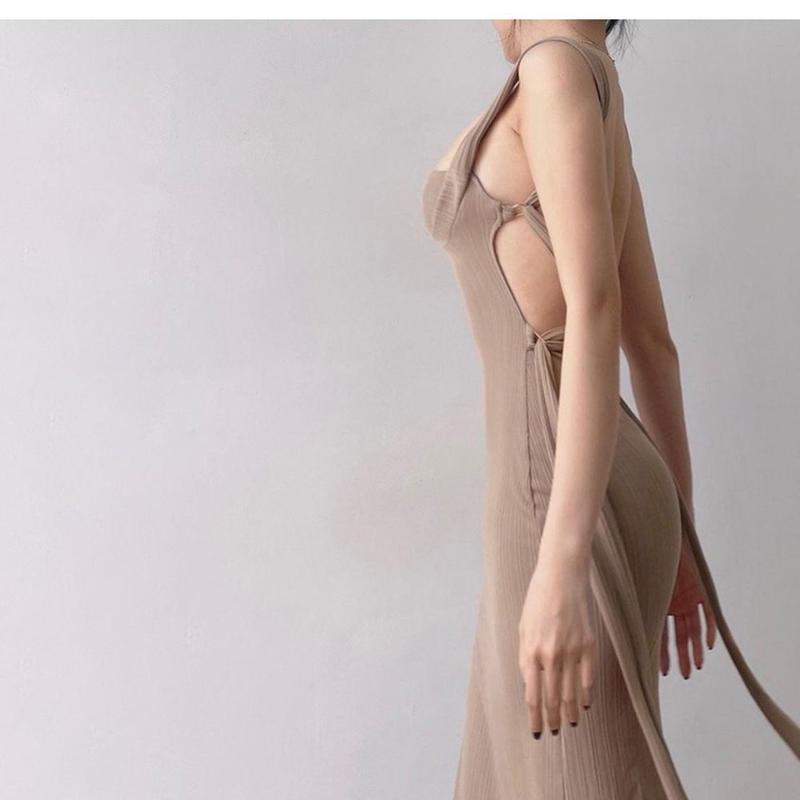 Product Introduction of Elegant back-cropped bodycon dress with waist tie long sleepveless gown for women 3
