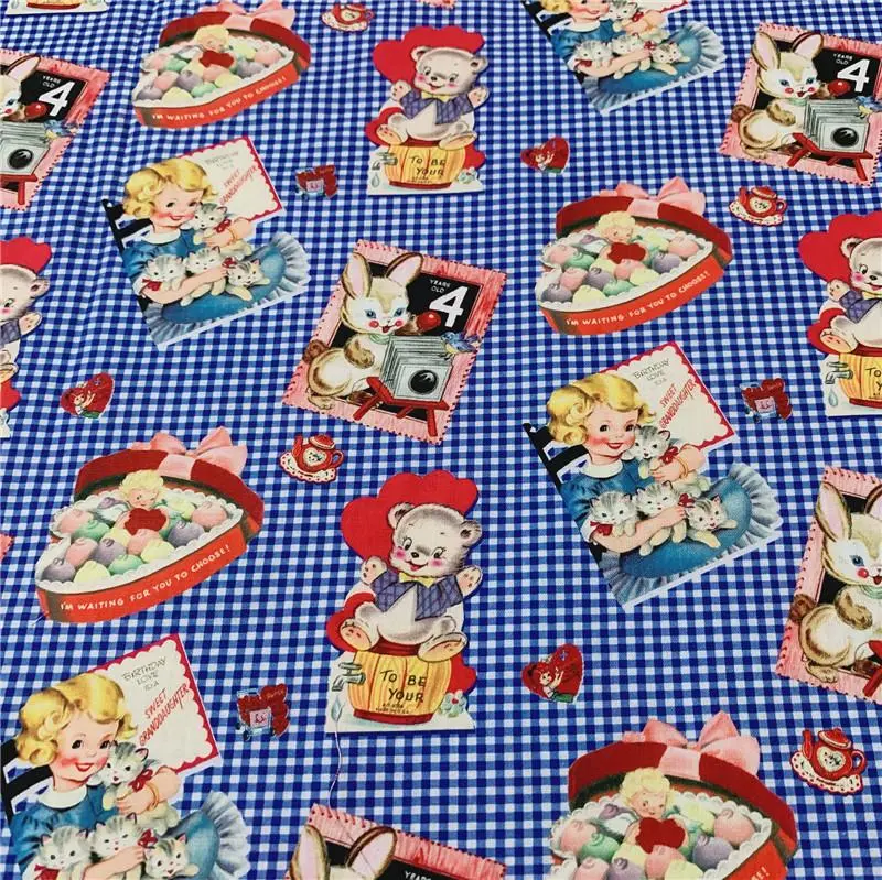 Retro Showa Blue Grid Animals Cotton Fabric for Tissue Sewing Quilting Fabric Needlework  Material DIY Handmade Craft
