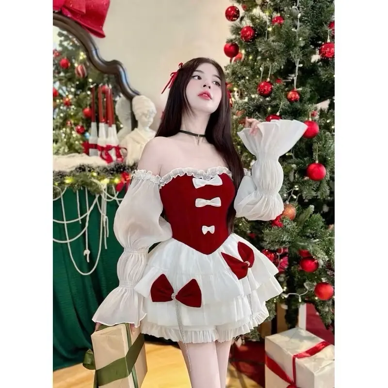 ￼(HOẢ TỐC) Set Áo Trễ Vai tay phồng  Kim TuyếnPhối Nơ Chân Váy Xoè Set Váy Mặc Noel Tết Nữ Women Dress Tre Voi Sen Voan vaydodonnoel vaytet vaytiec Đỏ 2
