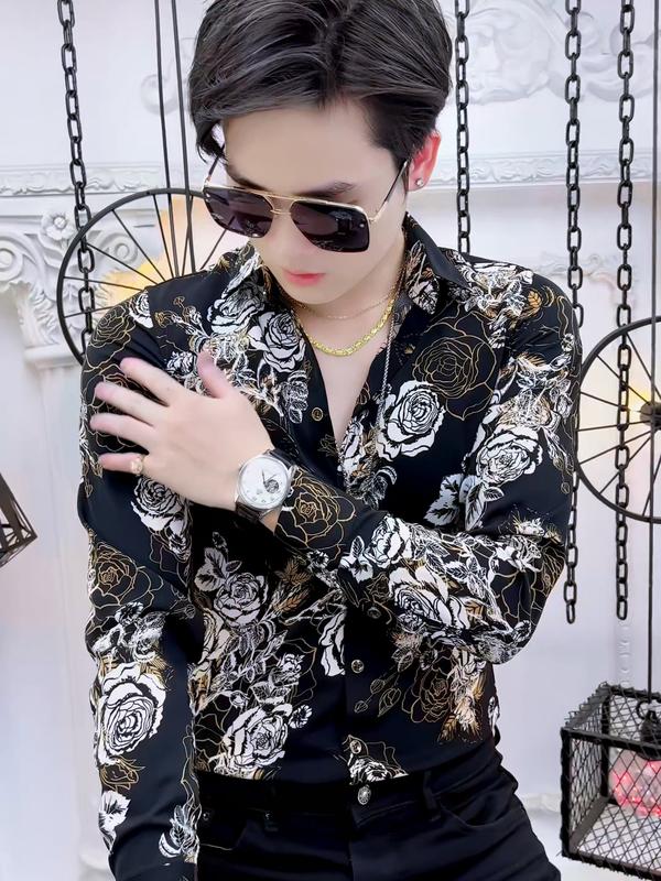Áo sơ mi lụa nam họa tiết hoa hồng vàng trắng  nam tính Menswear Shirt Tre 8