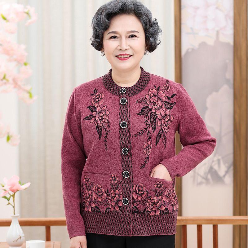 Áo khoác len cardigan thêu hoa cao cấp cho bà cho mẹ, áo len cho mẹ cổ tròn nút tháo rời, áo khoác trung niên nữ, áo len ấm cho người già Women Top Hồng