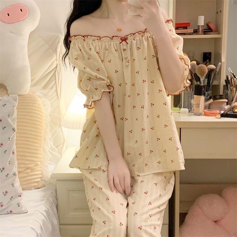 Product Introduction of Quần Dài Áo Ngủ, Phong Cách Hàn Quốc, Quần Dài Ngắn Tay, Phong Cách Công Chúa Ngọt Ngào Dễ Thương, Dành Cho Nữ, Mặc Mùa Hè, Dài Tay, Dáng Rộng Vừa Vặn, Đồ Mặc Nhà, Bộ Đồ Hai Mảnh, Dễ Thương Và Gợi Cảm Women Top 2