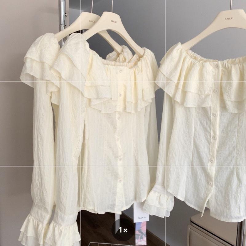 Áo trễ vai tay dài bẹt kiểu ôm bồng xẻ tà chất voan xốp trắng xinh VANISA CT047 Nữ Top 5