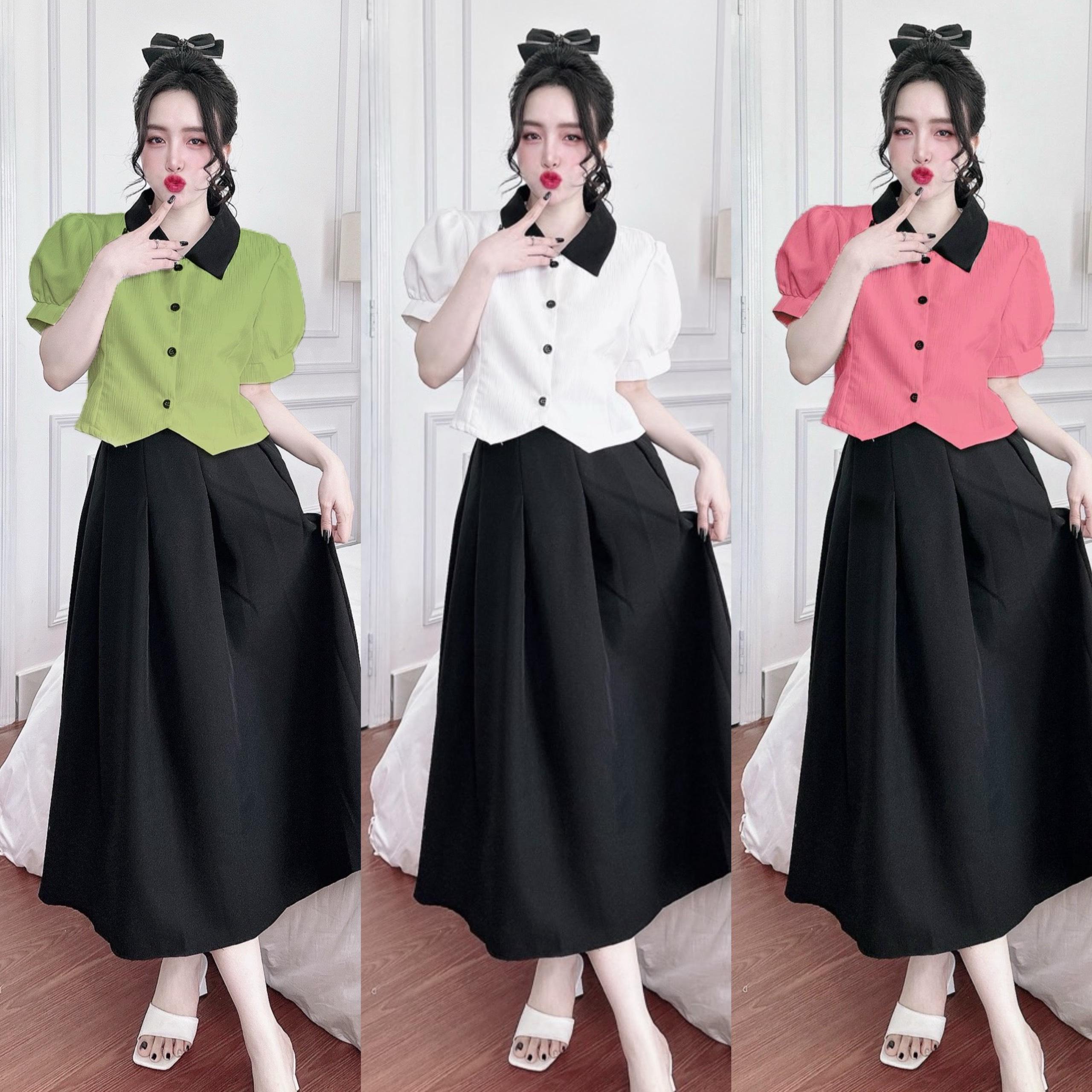 [Xả Kho] Set Váy Áo Thời Trang Bigsize Tay Ngắn Áo Vải LNin Xước Chân váy Vải Fo Chéo Cho Các Nàng 50 - 100Kg Nữ Top Women Xoè - A.1313