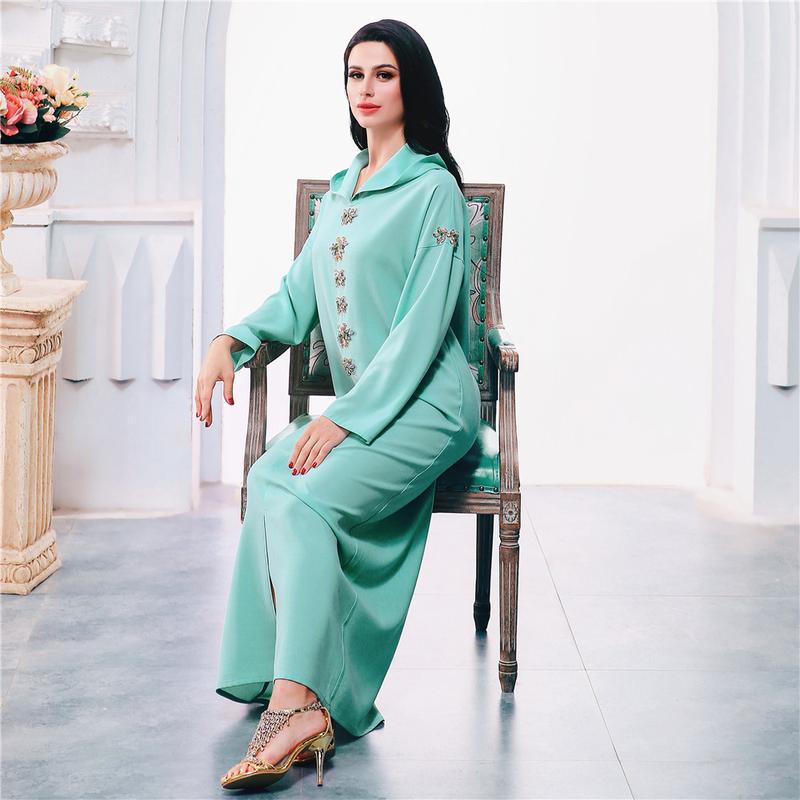 Product Introduction of Ba302 Water Green Hand-Stitched Glass Diamond Decorations Hooded Robe Middle East Southeast Asia Women's Robe 11