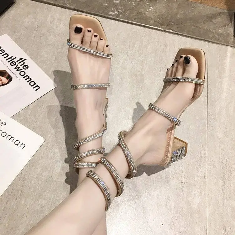 Xăng Đan La Mã Quấn Mắt Cá Chân, Xăng Đan Chữ Kim Cương Giả Với Gót Chunky, Phong Cách Thanh Lịch, Linh Hoạt Năng, Nổi Tiếng Trên Internet, Gót Giữa, Mới, Mùa Hè Nữ DéP 2