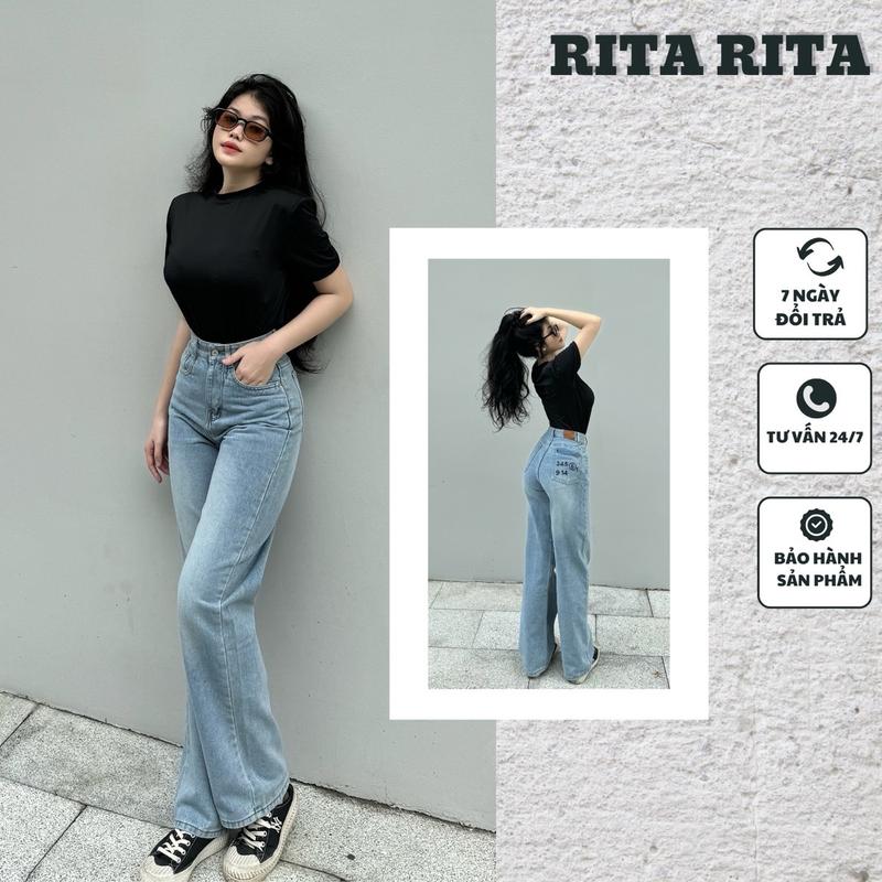 (RITA JEAN)A23 Quần Jean Nữ Ống Xuông Lưng Cao Thêu Số Túi Sau Màu Xanh Đậm Rêu Vải QC Mềm Không Giãn Lai Cuốn Dài 104cm Ong Kem