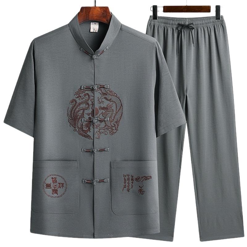 Bộ quần áo nam trung niên cổ tàu, đồ bộ nam cổ tàu tay ngắn quần dài nút tiều thêu họa tiết sang trọng tỉ mỉ, bộ đồ phong cách trung hoa cho ông cho bố Menswear set 1