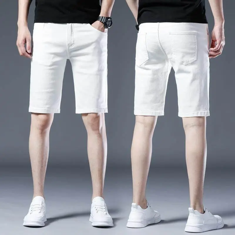 Mid- Waist Men's Denim Shorts High-End White Color Style Korean Trend for Summer Thin Cotton Casual Five-Minute Pants Jeans Menswear calico  cut pants carpenter  pants