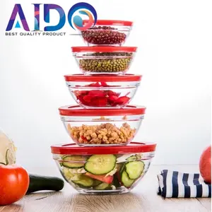 AIDO Mangkok Kaca Beranak Set Isi 5pcs dengan Tutup Kedap Udara Bahan Kaca Tebal Cocok untuk Microwave dan Penyimpanan Makanan Segar
