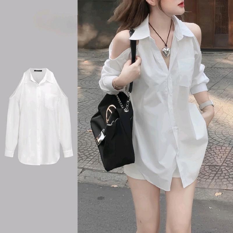 Áo sơ mi trắng khoét hở vai siêu xinh dáng oversize rộng rãi mặc nhiều phong cách Women Nữ Cotton Shirt - Top, Sen trễ aosominu giặt bằng nước lạnh đính nơ acubi outfit