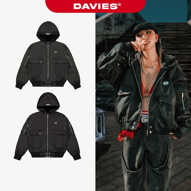 Áo khoác bomber có mũ nhiều túi DAVIES khóa kéo chất liệu da dù túi hộp tay áo Double Box Hooded Bomber Jacket | D-AK9