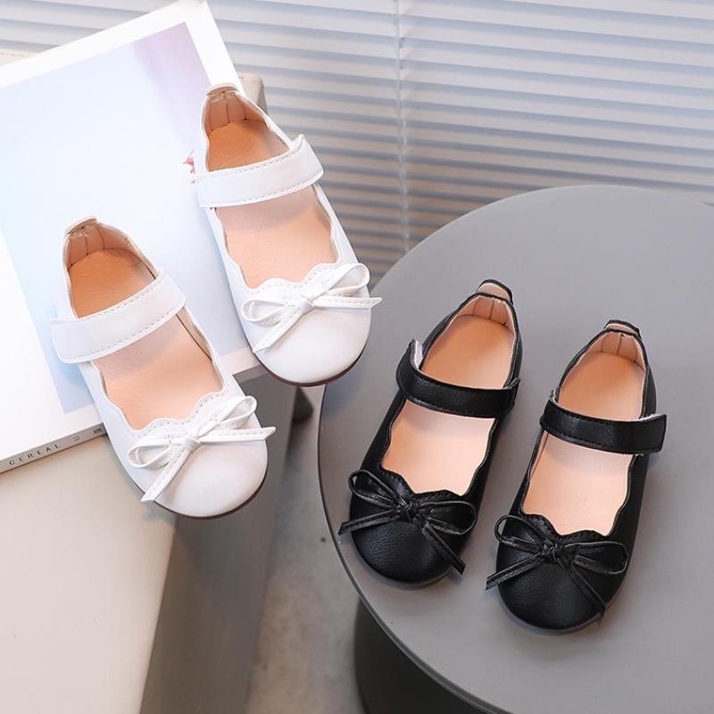 Gaya Korea Ikatan Simpul Bayi Gadis Kulit Datar Sepatu Warna Solid Ruffle Sol Lembut Anti Licin Sepatu Anak 2- 8 Tahun 0