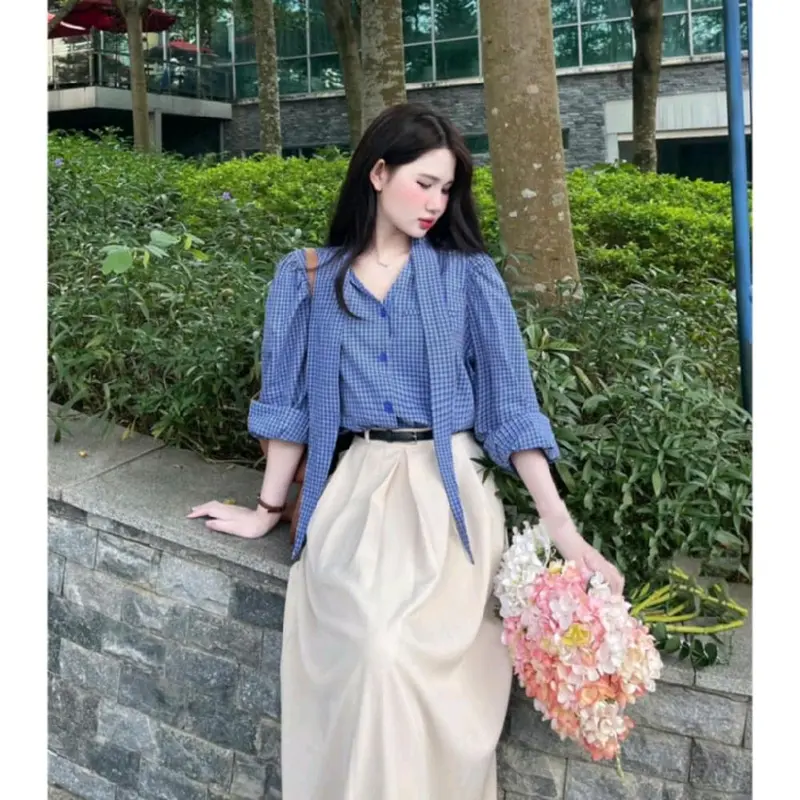Sét bộ váy 3 món Nữ chất cotton lạnh dáng dài xòe maxi thiết kế áo sơ mi dài tay cột nơ cổ kèm đai lưng tiểu thư xinh đẹp mặc đi chơi hẹn hò ăn uống Văn phòng thanh lịch  Women Dress 7