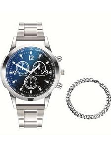 Reloj para hombre moderno de 2 piezas/dos conjuntos, reloj digital de cuarzo con correa de acero y tres subes, reloj elegante para hombres, reloj de pulsera para estudiantes, juego de brazaletes