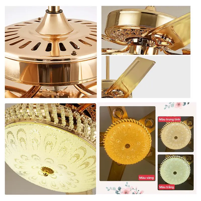 Quạt Trần Đèn gắn pha lê  , Sải Cánh 1m32, Công Suất 40w Chạy Êm Ái Với 6 Chế Độ Gió  Và 3 Chế Độ Ánh Sáng 1