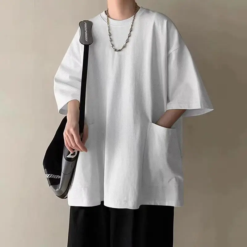 150.00kg plus Size Pocket T-shirt Men's Summer Hem Slit with Pocket Short Sleeve Oversize 3/4 Sleeve Half Sleeve Top Streetwear Crewneck Long Menswear Lingerie