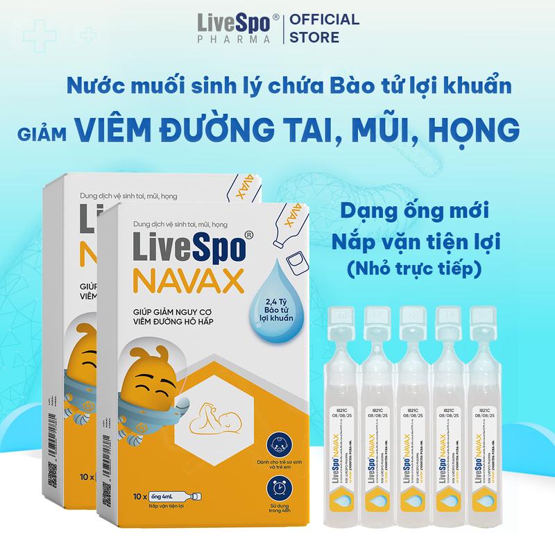 2 hộp LiveSpo NAVAX cho trẻ em và sơ sinh - Nước muối sinh lý chứa 2,4 tỷ Bào tử lợi khuẩn, NHỎ HÀNG NGÀY giúp giảm nguy cơ viêm đường hô hấp (Hộp 10 ống x 4m)