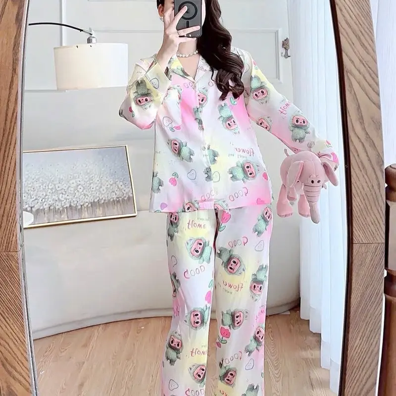 Bộ Labubu Lụa Latin Mẫu Đẹp Nhiều Màu Cho Nữ - Women, Size 40kg-60kg Áo Beige Button Front Pajamas ống suông xanh biếc cỡ nhỏ dobo  teddy quần  hoạt hình  bò sữa bo  la bu lưng  mặc Ong Nhung Nho bông  pi đồ  bộ alady đồ  bộ đồ  bộ   ladder 8