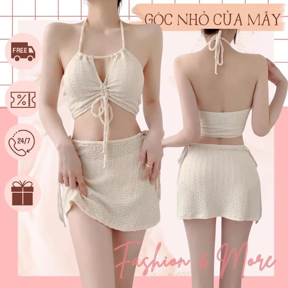 Set bikini 3 mảnh đi biển màu kem siêu xinh