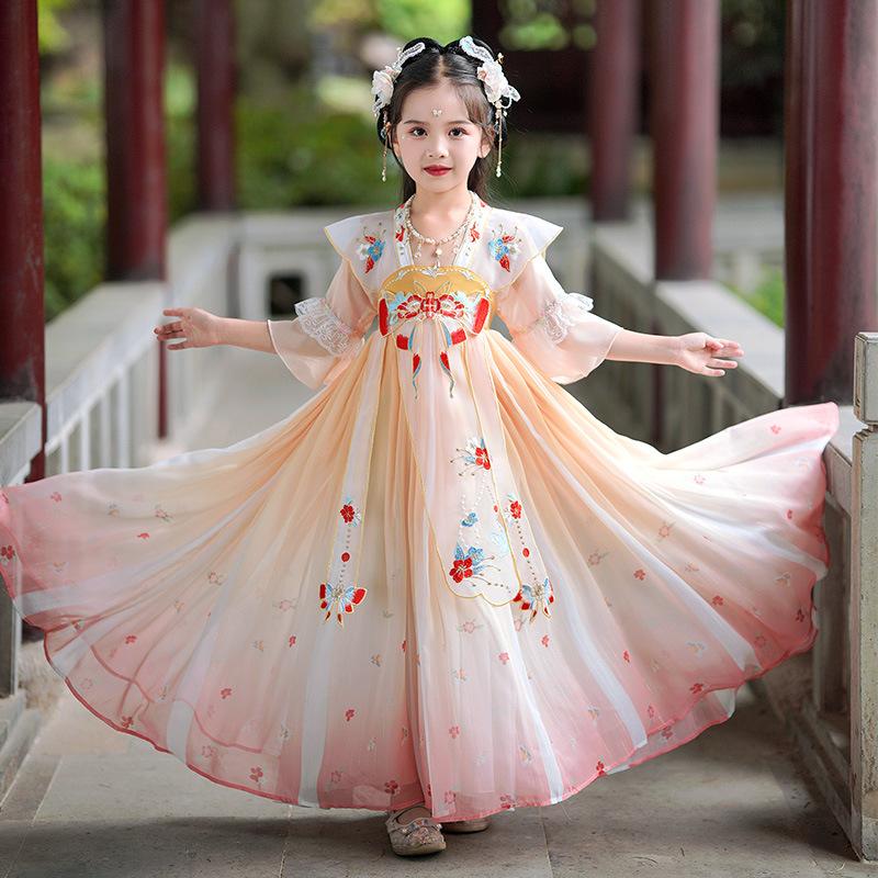 B09 Váy cổ trang đầm công chúa cổ trang cho bé phong cách Trung Hoa xinh xắn mùa hè tặng kèm kẹp tóc tua rua Bé gái