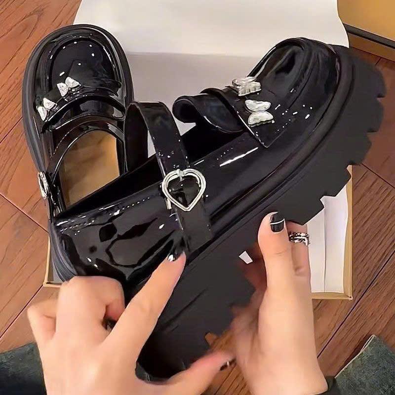 giày búp bê nữ chất da bóng đính hình 2 bướm quai trá tim đé cao 5cm thời trang cao cấp 4