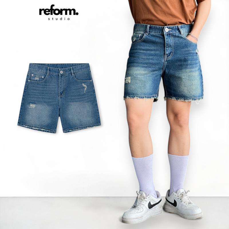Quần Jean Short Nam, Quần Đùi Ngắn Trên Gối Xanh Đậm Rách Reform RF-F11 Menswear Pants Có Túi
