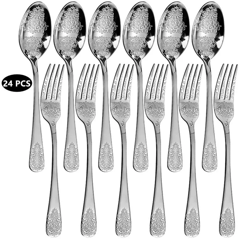 24pcs Stainless Steel Tableware Set, Including 12pcs Fork & 12pcs Spoon, Luxury Vintage Flower Pattern Household Kitchen Cutlery Set