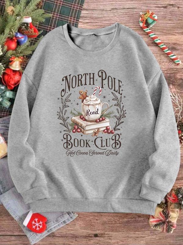 Women's Christmas Themed Letter Print Drop Shoulder Sweatshirt, Casual Long Sleeve Round Neck Pullover for Fall & Winter, Ladies Clothes for Daily Wear 3