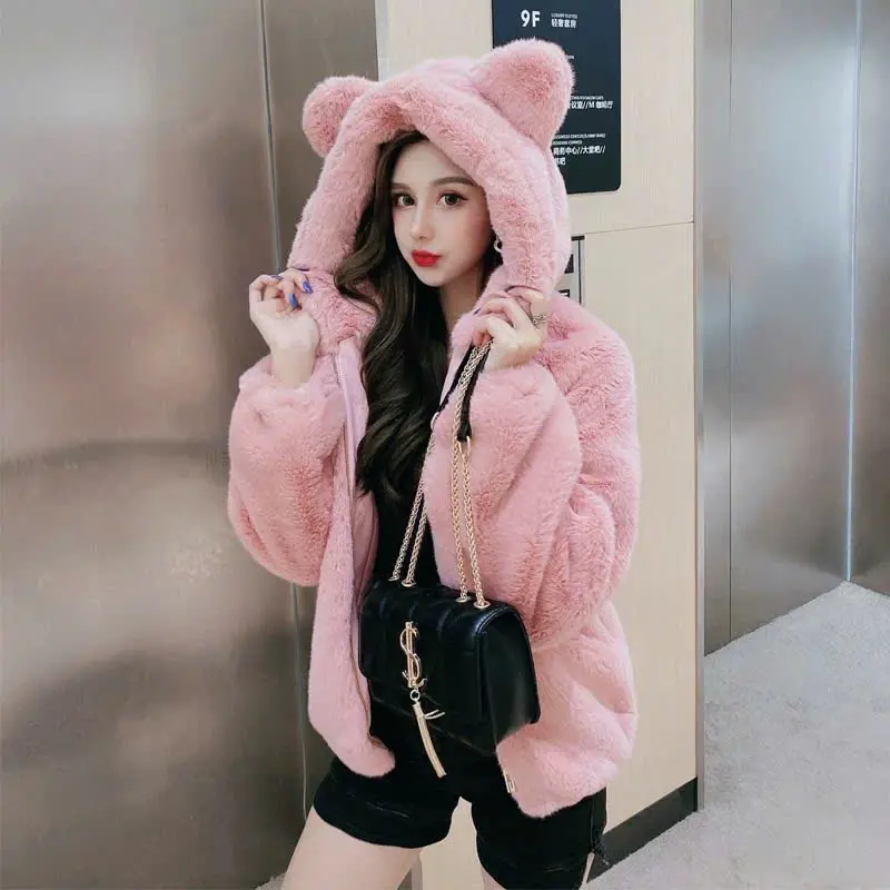 Áo khoác lông nữ tai gấu dáng rộng ấm áp chất mịn mượt, Áo lông nữ dày dặn dễ thương nâu đen trắng hồng hàn quốc, SUSU NUNU