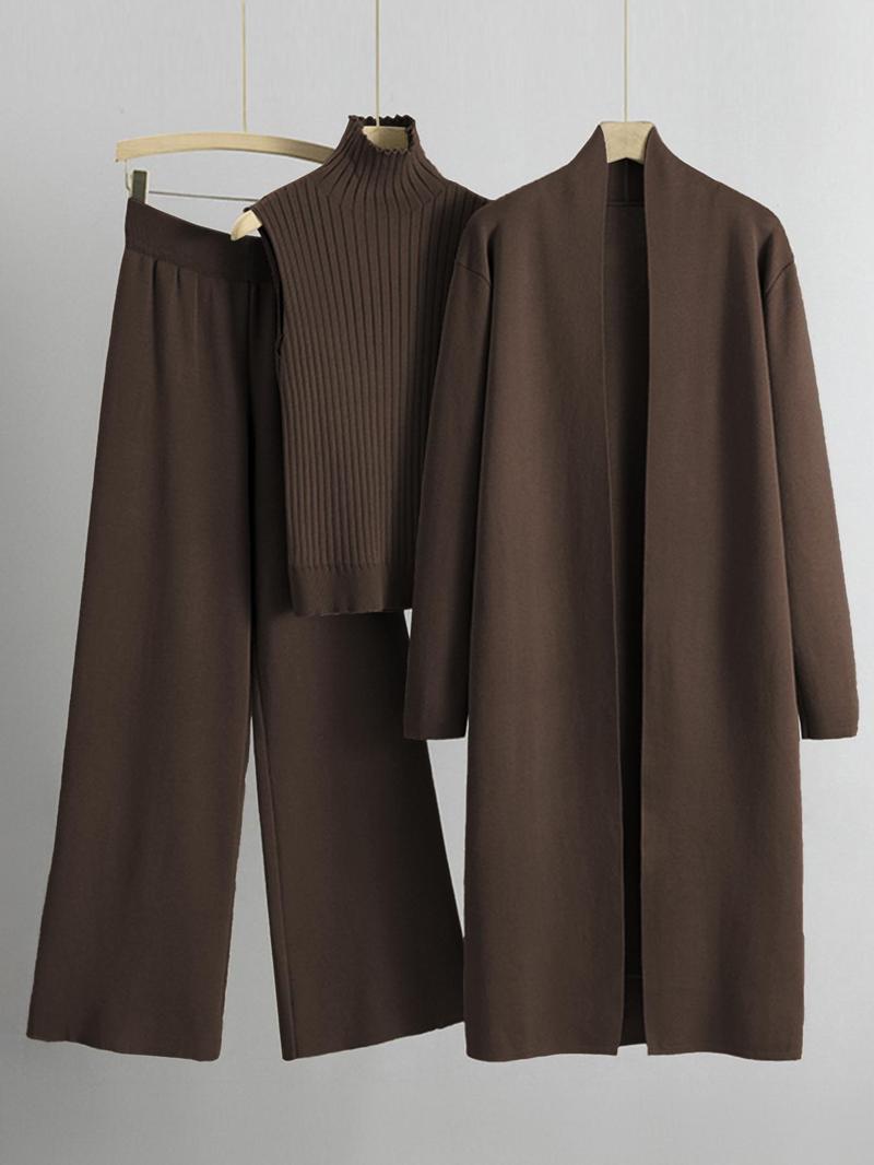 Product Introduction of Three-piece Set Women's Solid Turtle Neck Tank Top & Wide Leg Pants & Open Front Long Cardigan Set, Co Ord Set, Casual Fashion Cozy Three-piece Outfits for Daily Outdoor Wear, Women Lounge Clothes for Fall & Winter, Knitted Co Ord Set 6
