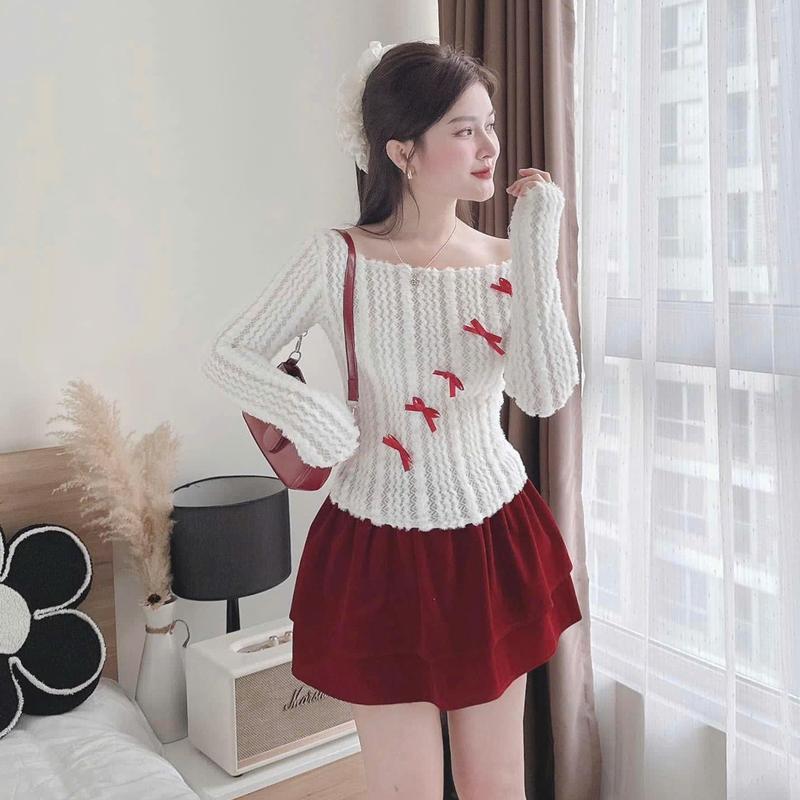 Áo trễ vai len mềm xinh, áo noel tết tiểu thư A387 Nữ Women 4