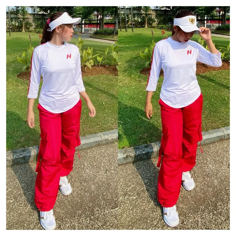 Setelan Senam Olahraga 1Set Mix Atasan N Putih Lis Merah dan Celana Cargo Harajuku Merah 2