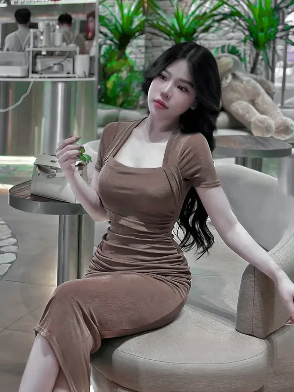váy body cổ vuông chất thun lạnh dress ôm gọn Nữ Women 3