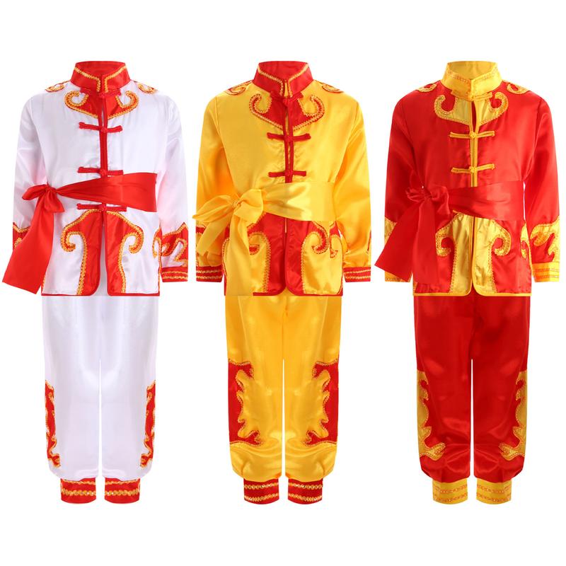 Haitryli  Unisex Kids Girls Boys Color Block Kung Fu Suit Performance Outfit Mandarin Collar Long Sleeve Side Split Top with Elastic Waistband Pants Belt 1